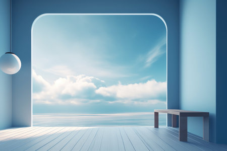 3D podium blue scene with cloud sky background, abstract background 3d rendering geometric shape blue pastel color. Stage for show cosmetic. Generative AI.の素材