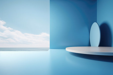 3D podium blue scene with cloud sky background, abstract background 3d rendering geometric shape blue pastel color. Stage for show cosmetic. Generative AI.の素材