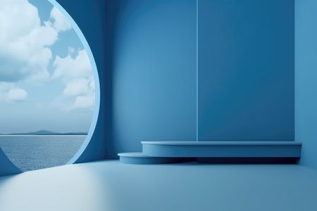 3D podium blue scene with cloud sky background, abstract background 3d rendering geometric shape blue pastel color. Stage for show cosmetic. Generative AI.の素材
