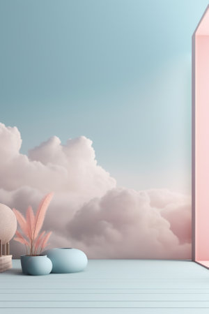 3D podium blue scene with cloud sky background, abstract background 3d rendering geometric shape blue pastel color. Stage for show cosmetic. Generative AI.の素材