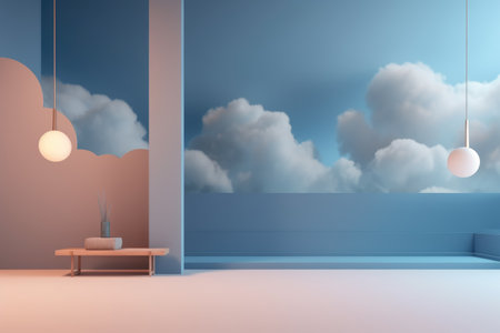 3D podium blue scene with cloud sky background, abstract background 3d rendering geometric shape blue pastel color. Stage for show cosmetic. Generative AI.の素材