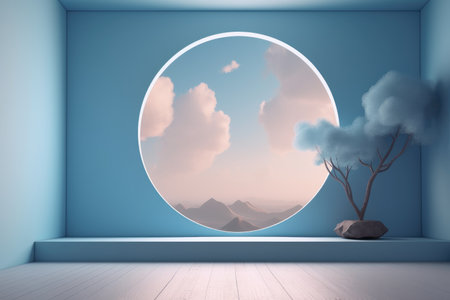 3D podium blue scene with cloud sky background, abstract background 3d rendering geometric shape blue pastel color. Stage for show cosmetic. Generative AI.の素材