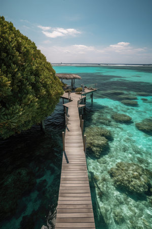 Amazing drone view of the beach and water with beautiful colors. Paradise scenery water villas with amazing sea and beach, tropical nature. summer vacation.の素材