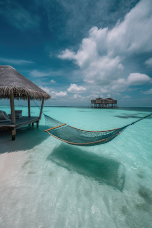 Amazing drone view of the beach and water with beautiful colors. Paradise scenery water villas with amazing sea and beach, tropical nature. summer vacation.の素材