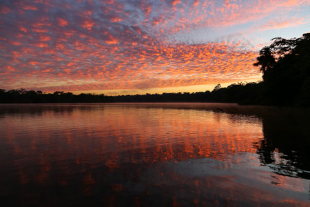 Sunset on the Sandoval lake. Tambopata, Peru.