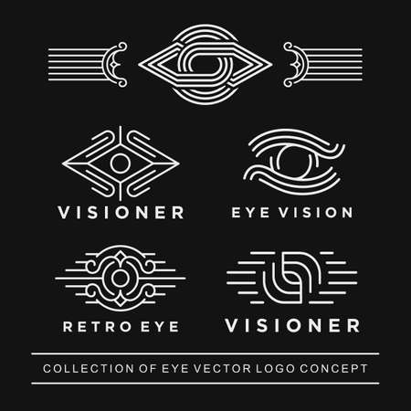 Set of Eye vector logo. Line art style. Creative camera shutter vision logotype. Photo video control sign. Vision Logo concept idea.のイラスト素材