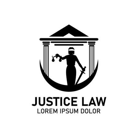 Law and attorney logo, elegant law and attorney firm vector logo design. Prosecution and law defense balance, judgement and protection, lawsuit and human rights theme, advocacy or notary symbol.のイラスト素材