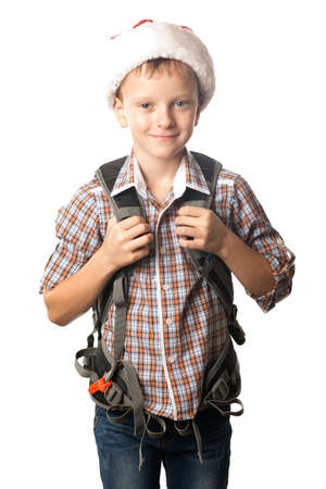 The guy is going on a trip with a backpack on his shoulders.の写真素材