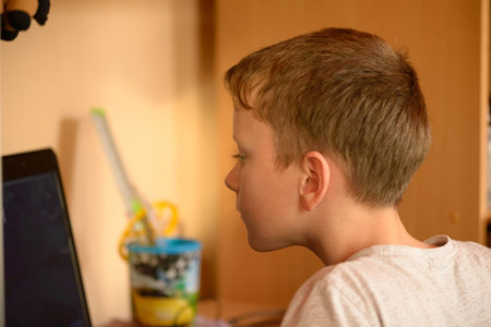 Portrait of a boy in the children's room with a computer at his workplace. Sits at a table by the...