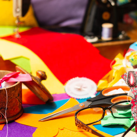 Sewing on a sewing machine design. Making objects with your own hands. Multicolored threads and...