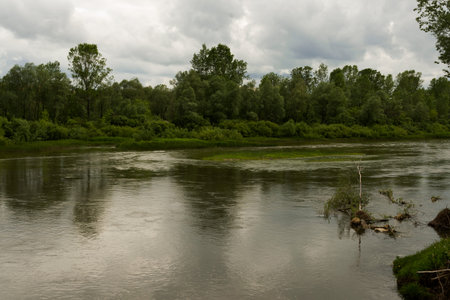 Water barrier, reservoir, river. The place for a travel. Sunny day with clouds in the sky. Green...