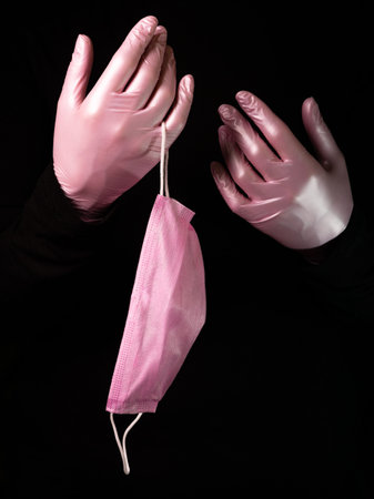 Pantomime black background on topic of combating and preventing the strain of  virus . Medical...