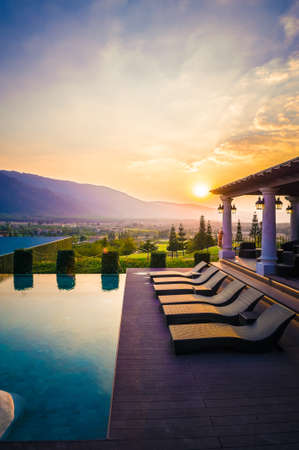 Pool, Mountain and sunset, thailandの写真素材