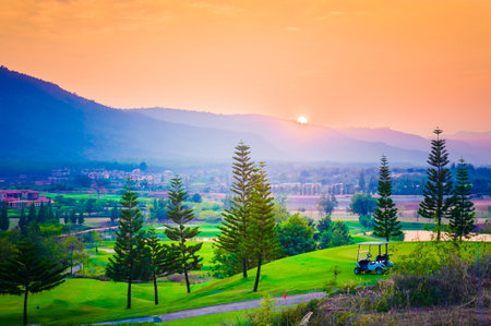 Village, Mountain and sunset/sunrise , thailandの写真素材