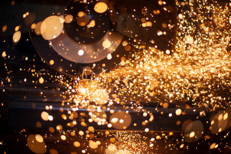 Metal cutting. Sparks from processing a metal profile.の写真素材