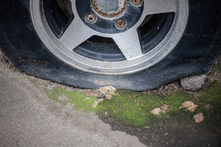Transport repair. Spiked wheel of a car. Replacing the wheel of a car. Old transport has fallen into...