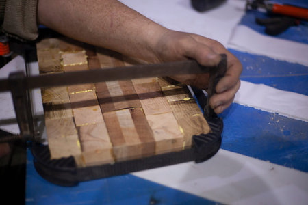 Bonding wooden cubes into one board. Creating a unique wooden product for cutting meat and...
