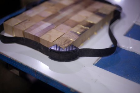Bonding wooden cubes into one board. Creating a unique wooden product for cutting meat and...