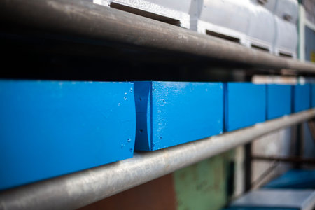 Painted hives are dried in the street. Painted wooden boxes in the workshop. Preparation of houses for bees on pasik. Drawing paint on a wooden product.の写真素材