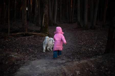A child walks with a dog in the forest. Walking with the animal in nature. Girl in winter clothes. A child without the Internet breathes air.の写真素材