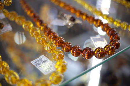 Amber decoration on the counter. Beautiful yellow materialの写真素材