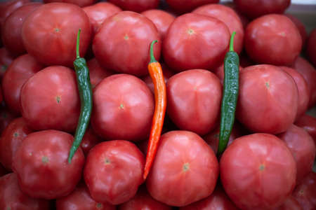 Peppers are on the tomatoes. Wholesome food on the counter. Background of vegetables from the garden. Red vegetables are in a row.の写真素材