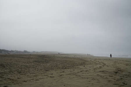 Deserted beach with figures of people in the distance. Misty weather on the seashore. A lonely man walks away in the sand.                の写真素材