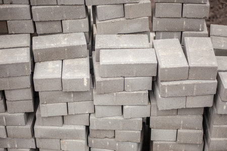 Paving slabs prepared for the repair of the pedestrian zone. Brick blocks are stacked. Stone laid by...