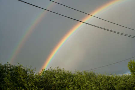Rainbow in the sky. Beautiful background with colorful rainbow. Celestial phenomenon. The dispersion of light after rain.の写真素材