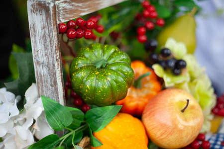 Autumn harvest. Pumpkin and other vegetables and berries from the garden. Still life of healthy food. Natural food.の写真素材
