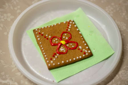 Gingerbread cookie with icing. Homemade baking. A festive treat. Sweetness for tea. Tasty food. Glaze homemade cookies.の写真素材
