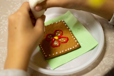 Gingerbread cookie with icing. Homemade baking. A festive treat. Sweetness for tea. Tasty food....