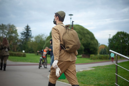 Soldier of the second world war. Reconstruction of the image of a soldier of the USSR. A man in a...