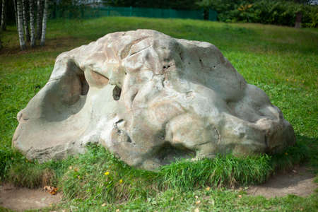A large stone lies on the grass. Stone element of landscape design. Natural site. Shooting in the summer.の写真素材