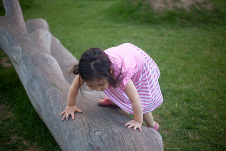 A child climbs a dry tree. The girl plays on the modern playground. Asian child on the street. Girl in a pink dress.の写真素材