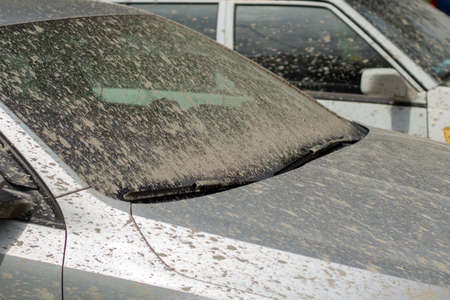 The car is splashed with mud. Ipachkana car after the trip. The surface of the vehicle is splashed with cement.の写真素材