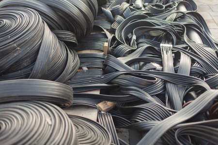 Ice rink cooling system. A system of flexible hoses for supplying cooling to ice. Dismantling the ice stadium.の写真素材