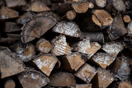 Logs in a woodpile. The firewood is in a pile. Stove fuel. Rustic dry wood fuel.の写真素材