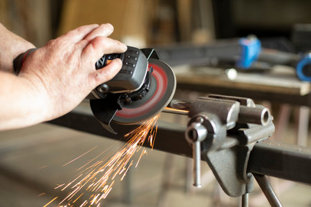 Metal grinding. Steel processing with power tools. A man is working on a part in the garage. Metal workshop. Rotating disk.の写真素材