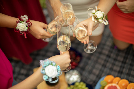 The girls are knocking glasses of wine. Picnic in nature.の写真素材