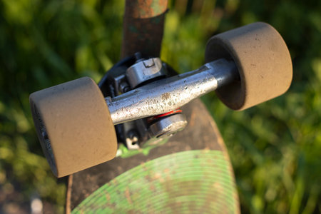 Longboard wheels. Skateboard with big wheels. Trucks on the board. It's a sport.の写真素材