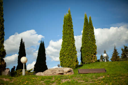 City park with trees. Summer park with a slide. Resting-place. Landscaping of a natural location.の写真素材