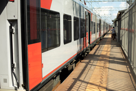 The train arrived at the station. Rail transport in the city. public transport.