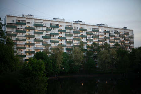 Long house with balconies. Art Nouveau architecture in the Soviet Union. The balconies are a ladder through the building.の写真素材