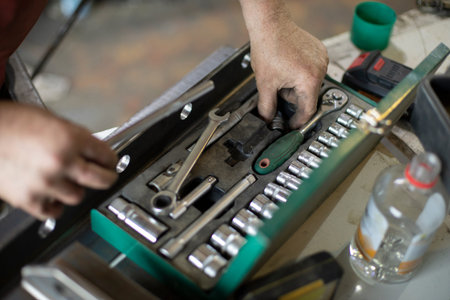Tools in a box. The keys for the nuts. Tools in the garage. Keys to repair the car.