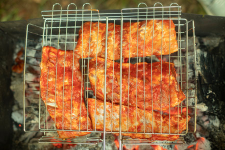 The meat is grilled on coals. Chunks of toasted meat on an iron mesh. Cooking food in nature.の写真素材