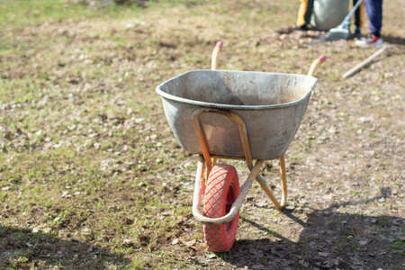 Gardening cart. Sand trolley. Gardening tool for transporting soil.の写真素材