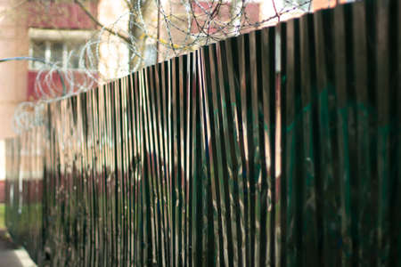 Metal fence. Fenced area. Green fence around the private area.の写真素材