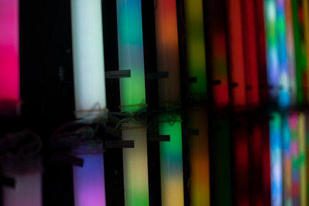 Colored RGB lamps. The glow of all colors from fluorescent lamps in the dark.の写真素材