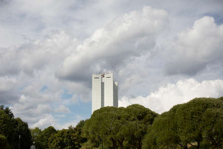 Cityscape. Park and high-rise building. Summer day in the city.の写真素材